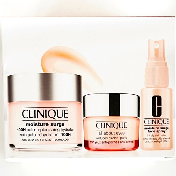 NIB Clinique 3 pc Set Ultra Hydration Moisture Surge Cream Spray All About Eyes